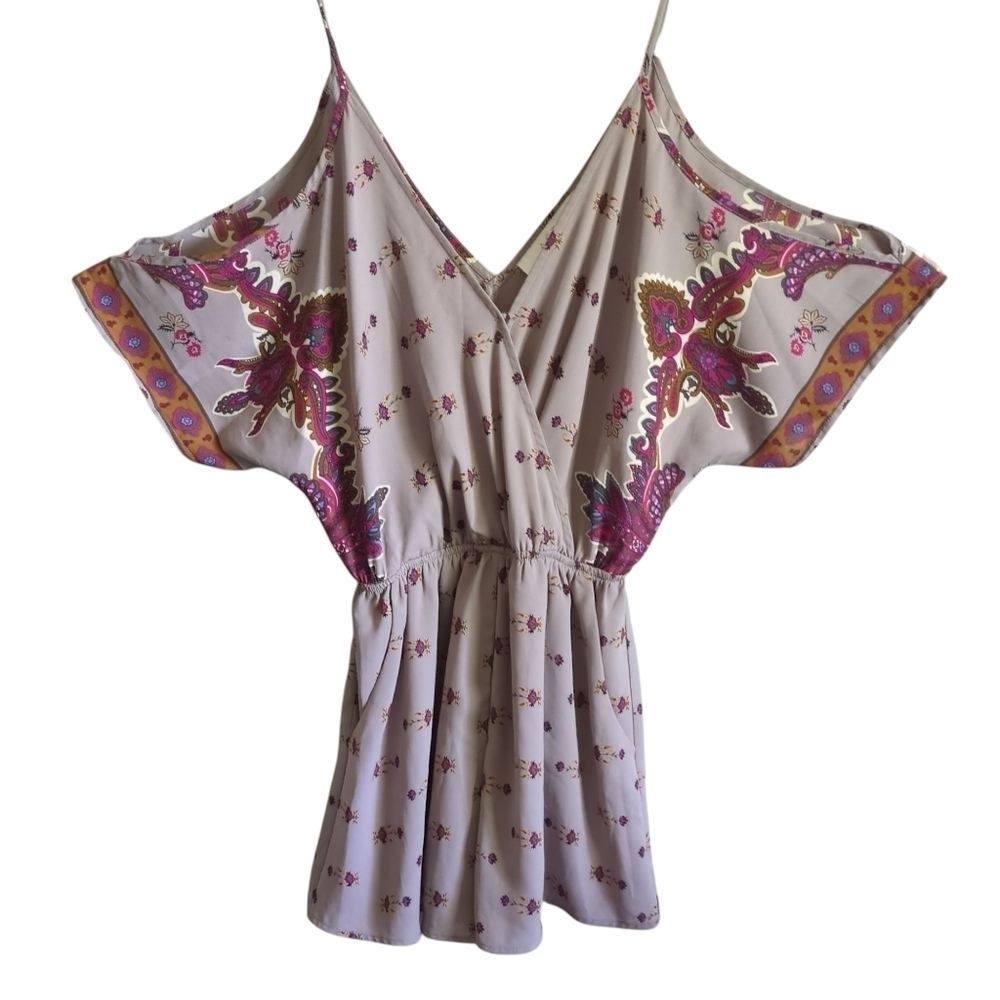 ASTR the Label Grey/Purple Floral Paisley Romper Cold‎ Shoulder Size XS